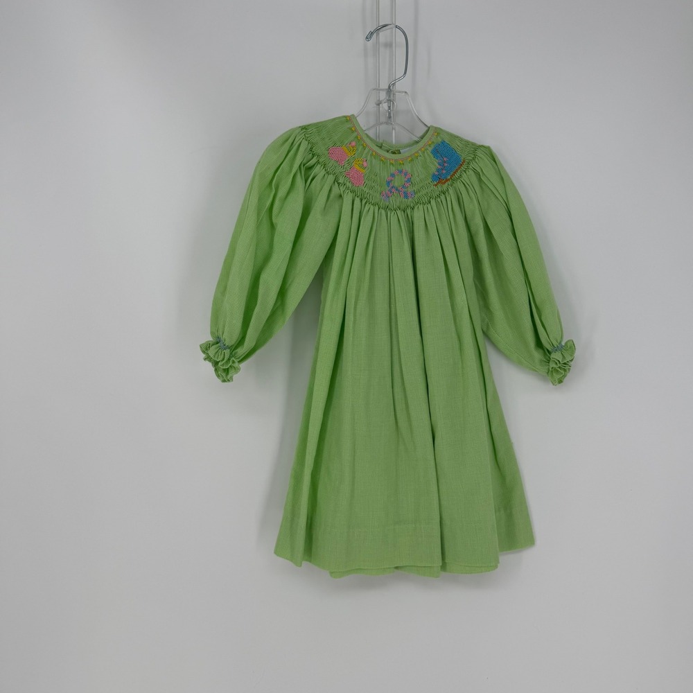 Remember When Smocked Dress Girls 18m Green Gingham Winter Ice Skates Classic